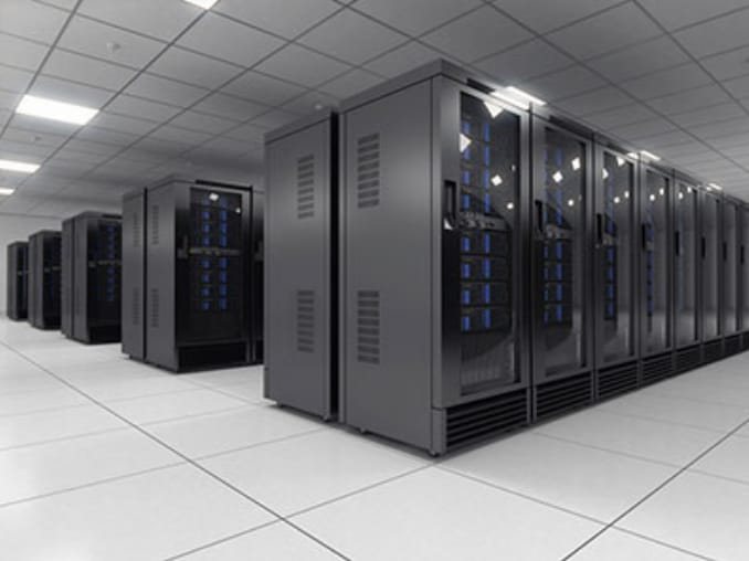 Enclosed server and network cabinets on a raised floor in a clean server room